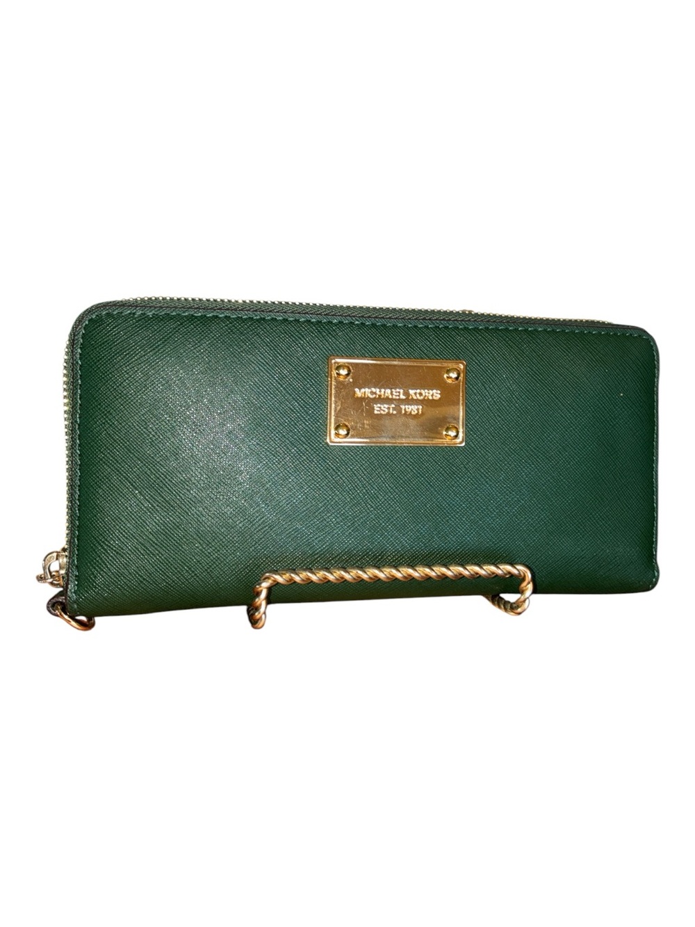 Michael Kors Forest Green Saffiano Zip-Around Wallet with Gold Plate